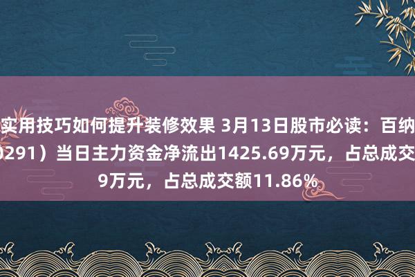 实用技巧如何提升装修效果 3月13日股市必读：百纳千成（300291）当日主力资金净流出1425.69万元，占总成交额11.86%